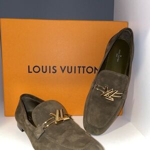 Louis Vuitton Women's Brown Suede Loafers with Gold Detail